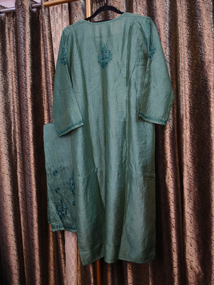 Green Chanderi Kurta Set with Palazzo | Handcrafted Chikankari Embroidery | Varnika Exclusive Chikan