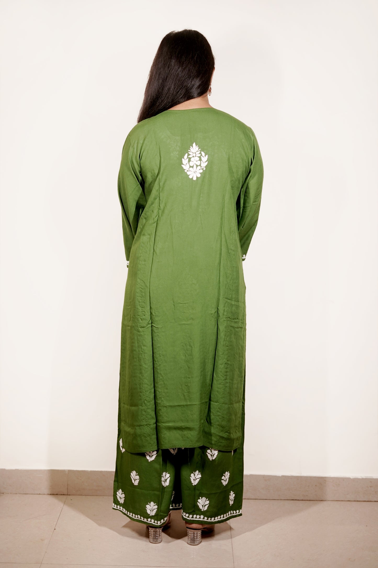 Green Rayon Chikankari Kurta Set with Ghaspatti & Phanda Embroidery | Varnika Exclusive Chikan
