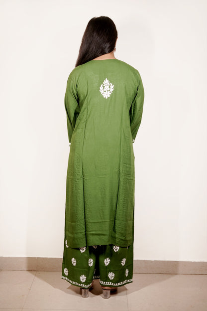 Green Rayon Chikankari Kurta Set with Ghaspatti & Phanda Embroidery | Varnika Exclusive Chikan