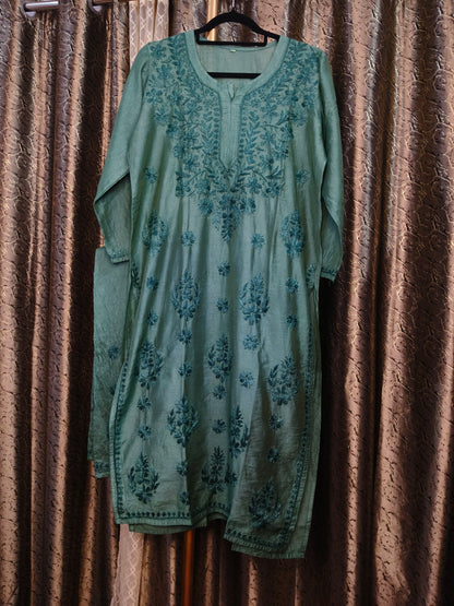 Green Chanderi Kurta Set with Palazzo | Handcrafted Chikankari Embroidery | Varnika Exclusive Chikan