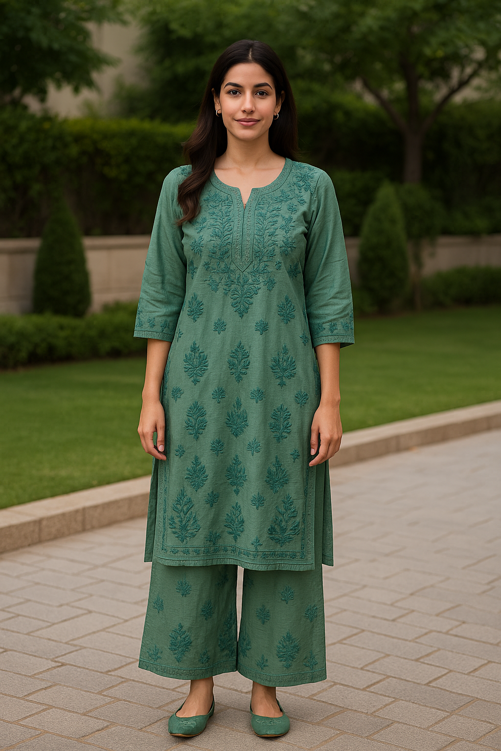 Green Chanderi Kurta Set with Palazzo | Handcrafted Chikankari Embroidery | Varnika Exclusive Chikan