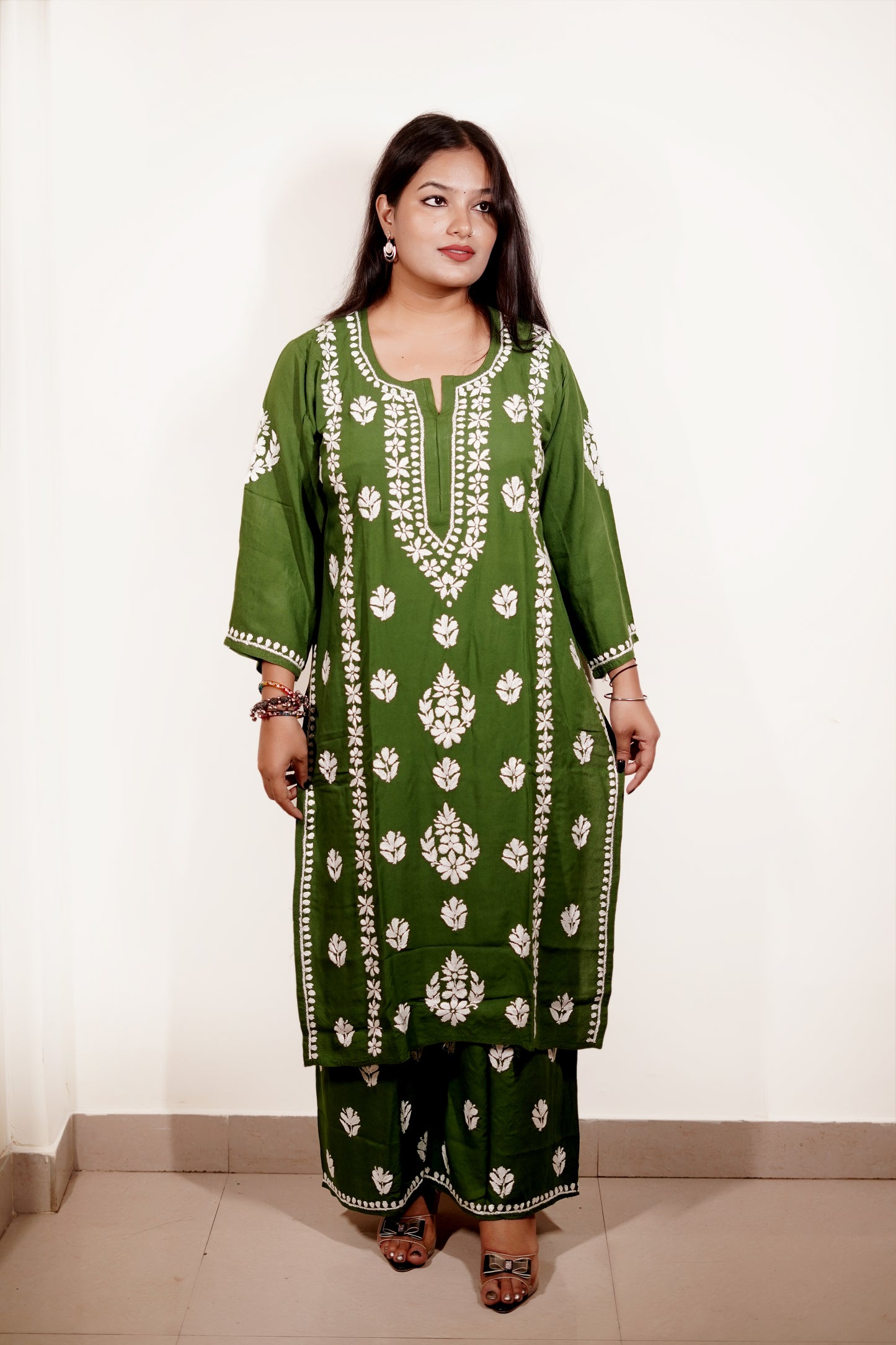 Green Rayon Chikankari Kurta Set with Ghaspatti & Phanda Embroidery | Varnika Exclusive Chikan