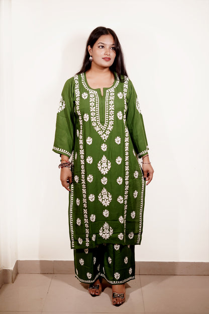 Green Rayon Chikankari Kurta Set with Ghaspatti & Phanda Embroidery | Varnika Exclusive Chikan