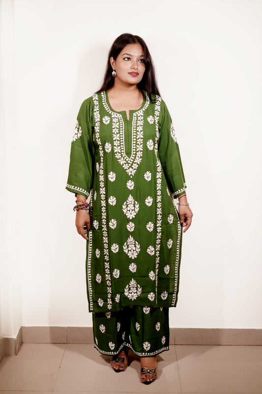 Green Rayon Chikankari Kurta Set with Ghaspatti & Phanda Embroidery | Varnika Exclusive Chikan