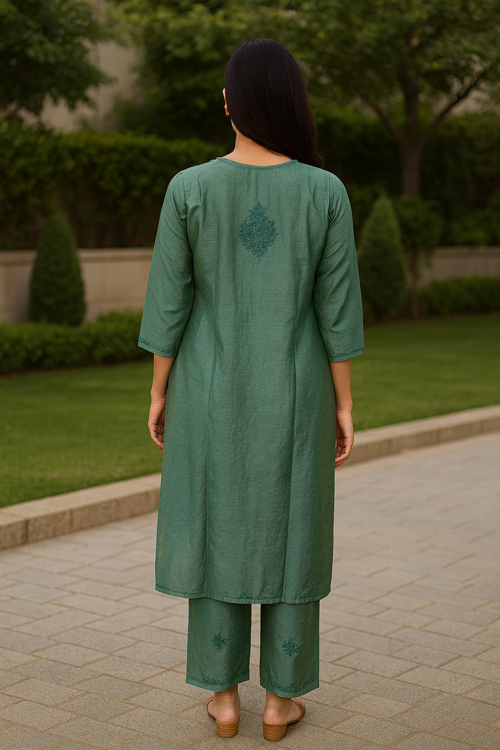 Green Chanderi Kurta Set with Palazzo | Handcrafted Chikankari Embroidery | Varnika Exclusive Chikan