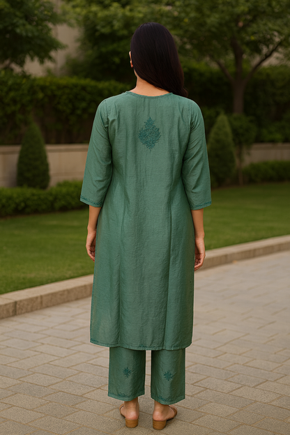 Green Chanderi Kurta Set with Palazzo | Handcrafted Chikankari Embroidery | Varnika Exclusive Chikan