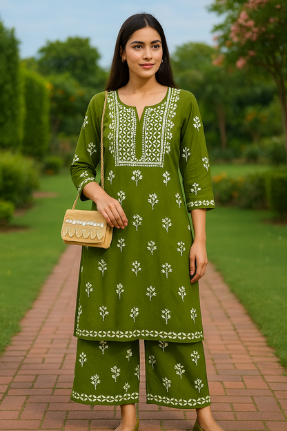 Green Rayon Chikankari Kurta Set with Ghaspatti & Phanda Embroidery | Varnika Exclusive Chikan