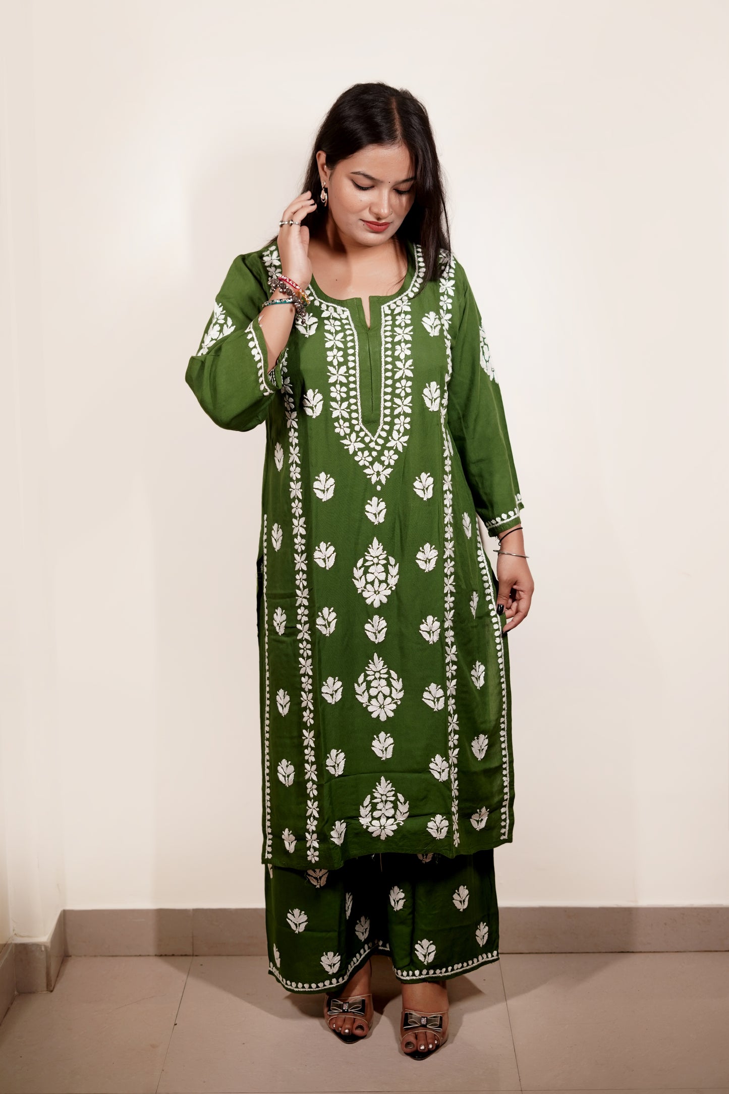 Green Rayon Chikankari Kurta Set with Ghaspatti & Phanda Embroidery | Varnika Exclusive Chikan