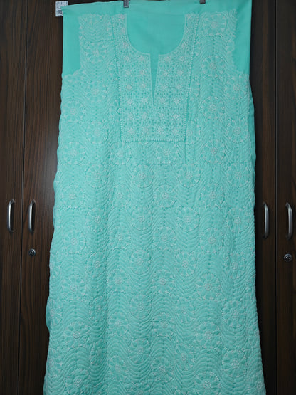 Sea Green Terivoil Cotton Hand-Embroidered Chikankari Unstitched Suit Set | Varnika Exclusive Chikan