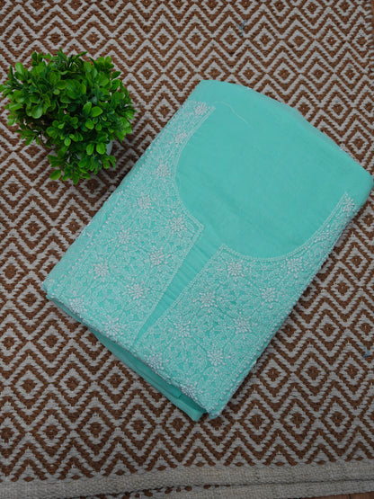Sea Green Terivoil Cotton Hand-Embroidered Chikankari Unstitched Suit Set | Varnika Exclusive Chikan