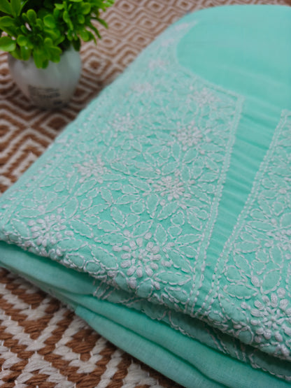 Sea Green Terivoil Cotton Hand-Embroidered Chikankari Unstitched Suit Set | Varnika Exclusive Chikan