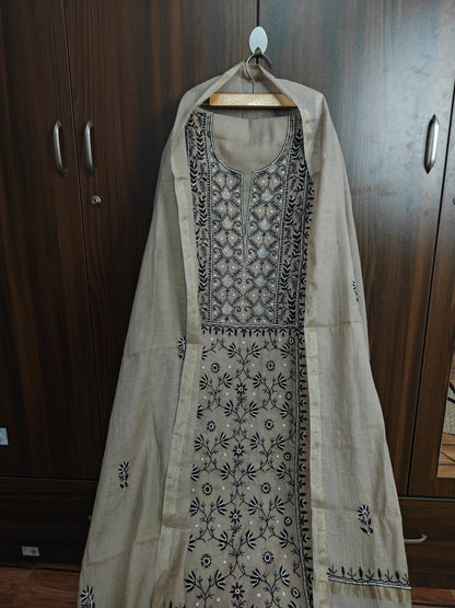 Unstitched Beige Mul Chanderi Suit Piece with Dupatta