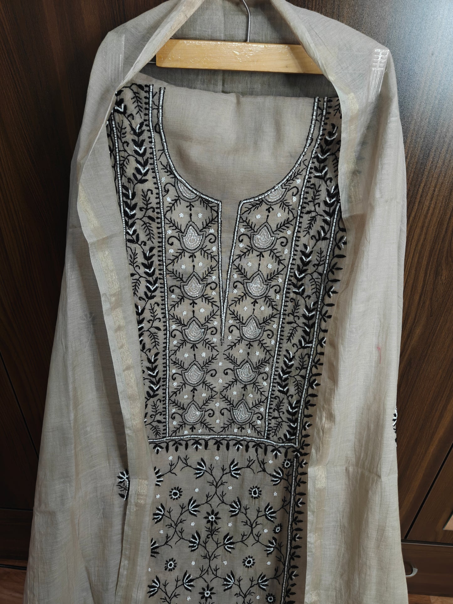 Unstitched Beige Mul Chanderi Suit Piece with Dupatta