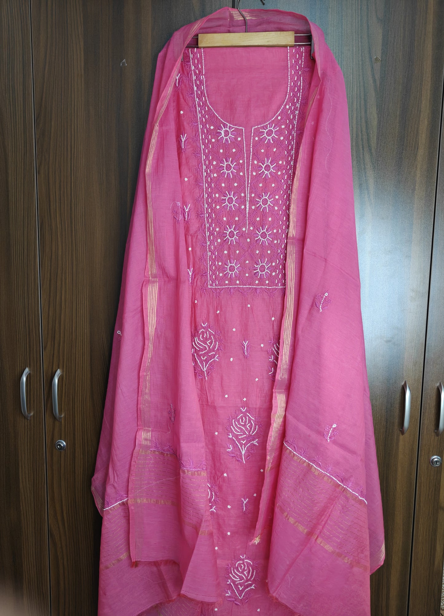 Unstitched Magenta thread Mul Chanderi Suit Piece with Dupatta
