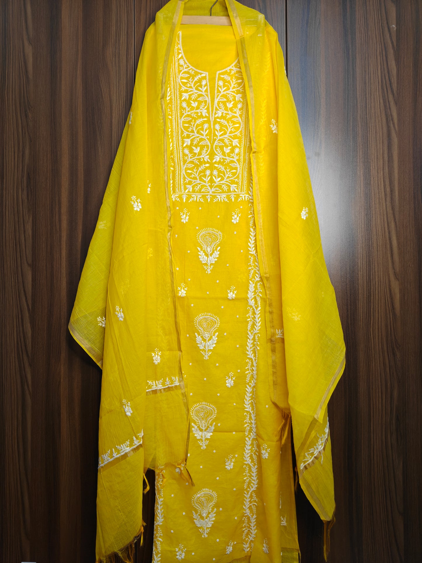 Unstitched Yellow Mul Chanderi Suit Piece with Dupatta