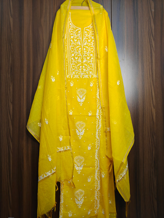 Unstitched Yellow Mul Chanderi Suit Piece with Dupatta