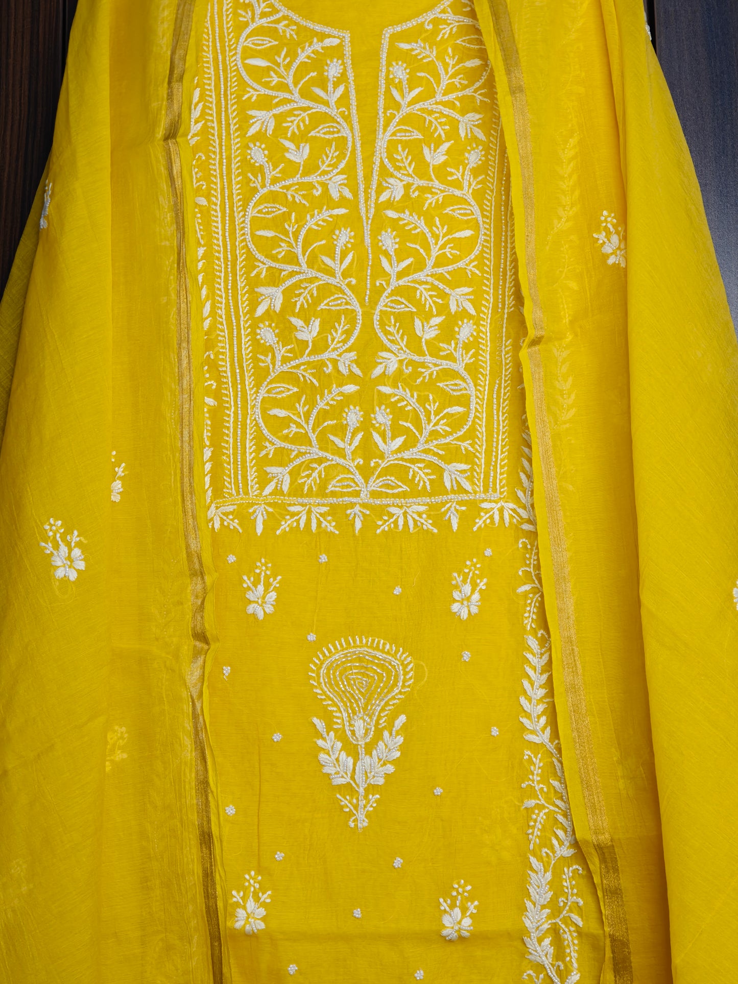 Unstitched Yellow Mul Chanderi Suit Piece with Dupatta