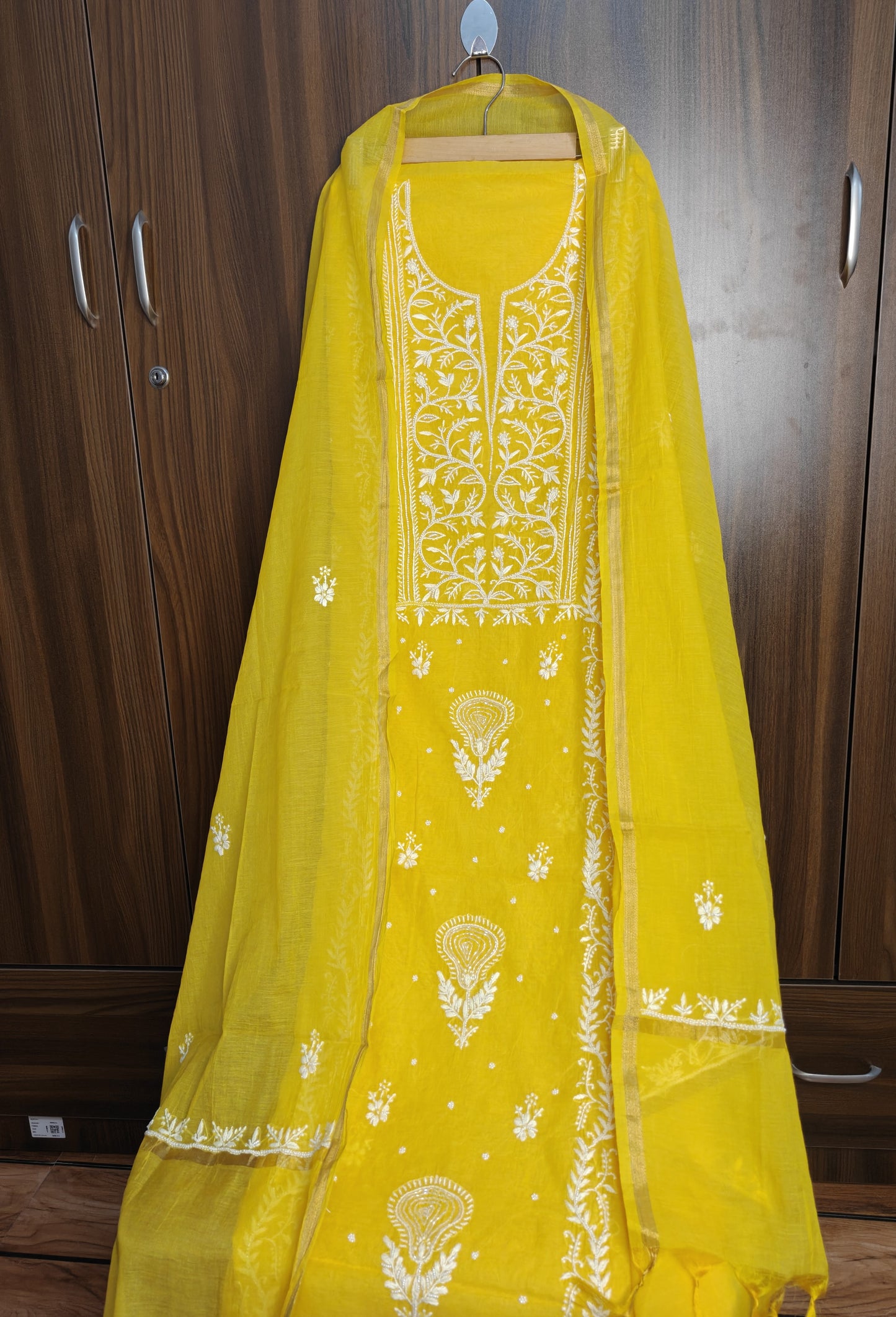 Unstitched Yellow Mul Chanderi Suit Piece with Dupatta