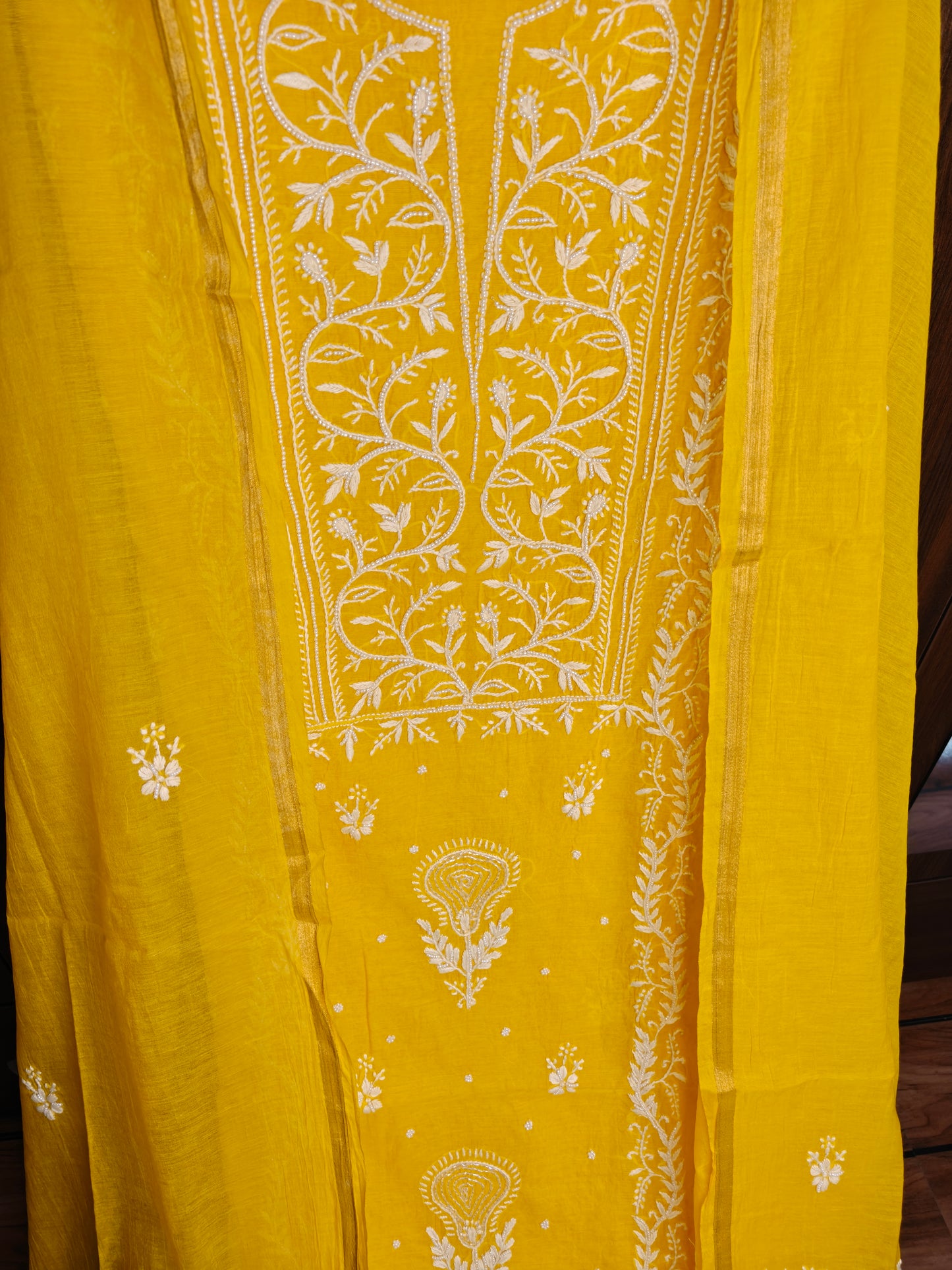 Unstitched Yellow Mul Chanderi Suit Piece with Dupatta