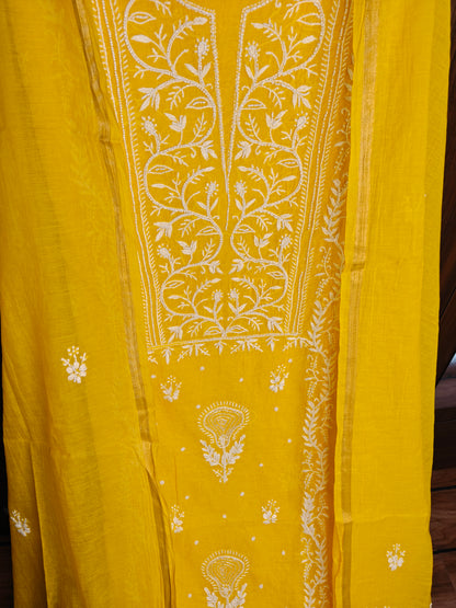 Unstitched Yellow Mul Chanderi Suit Piece with Dupatta