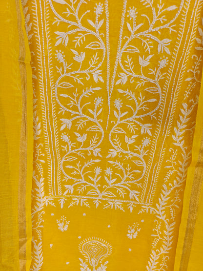 Unstitched Yellow Mul Chanderi Suit Piece with Dupatta