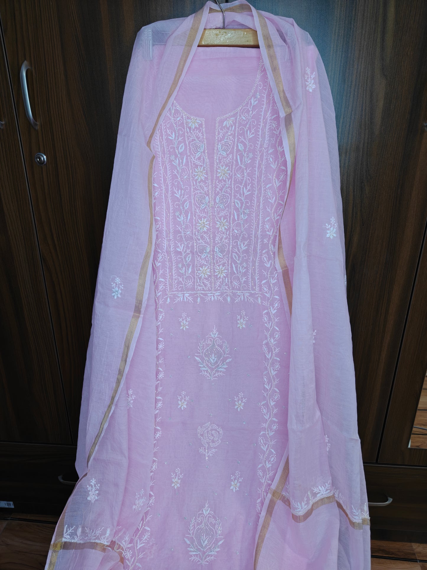 Unstitched Light Pink thread Mul Chanderi Suit Piece with Dupatta