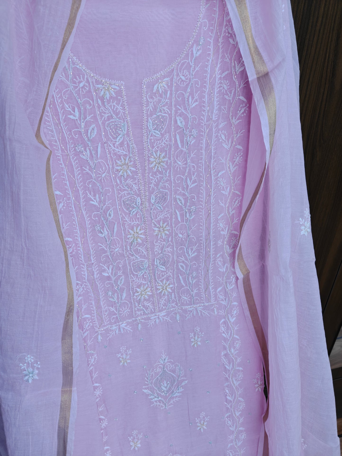 Unstitched Light Pink thread Mul Chanderi Suit Piece with Dupatta