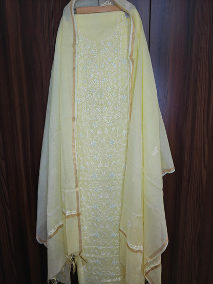 Unstitched Yellow Lemon thread Mul Chanderi Suit Piece with Dupatta