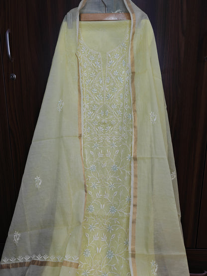 Unstitched Yellow Lemon thread Mul Chanderi Suit Piece with Dupatta