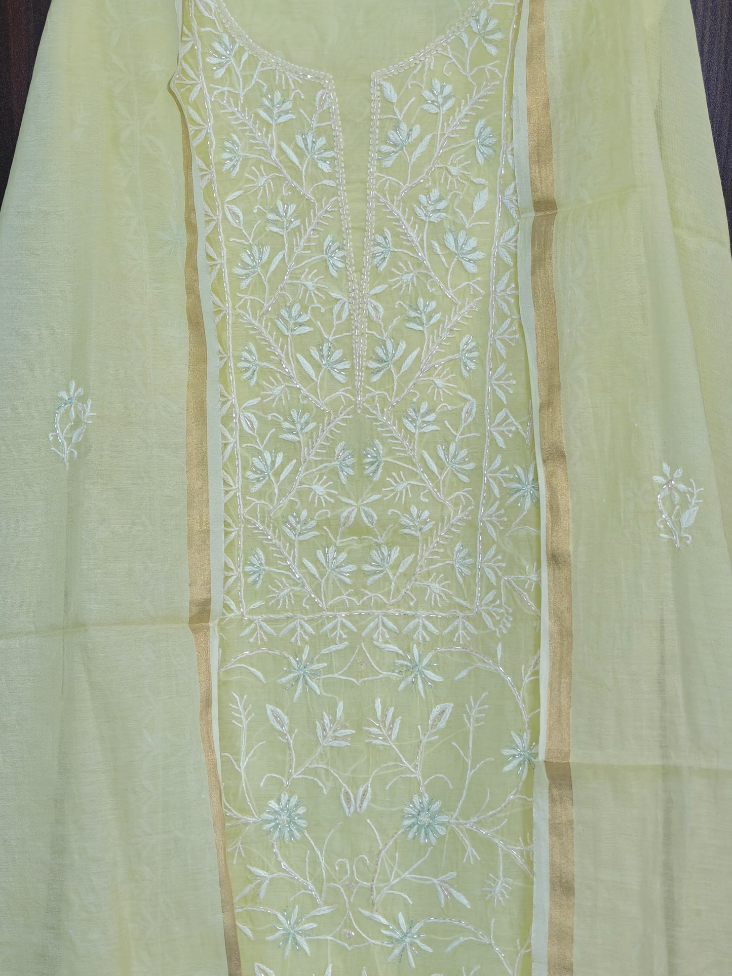 Unstitched Yellow Lemon thread Mul Chanderi Suit Piece with Dupatta