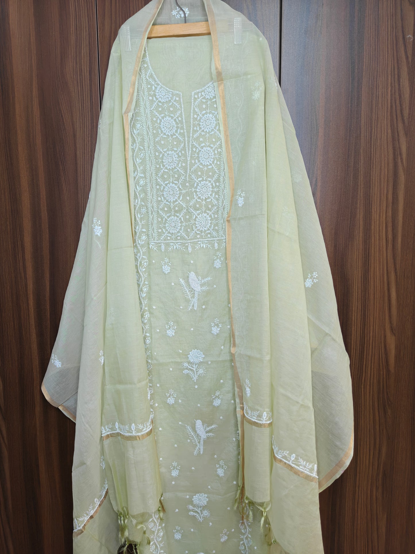 Unstitched Sage Green Mul Chanderi Suit Piece with Dupatta