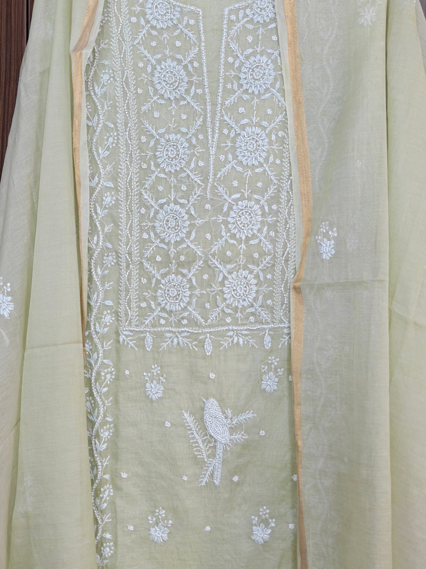 Unstitched Sage Green Mul Chanderi Suit Piece with Dupatta