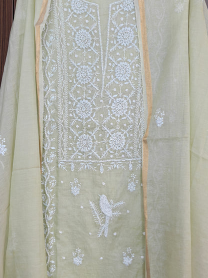 Unstitched Sage Green Mul Chanderi Suit Piece with Dupatta