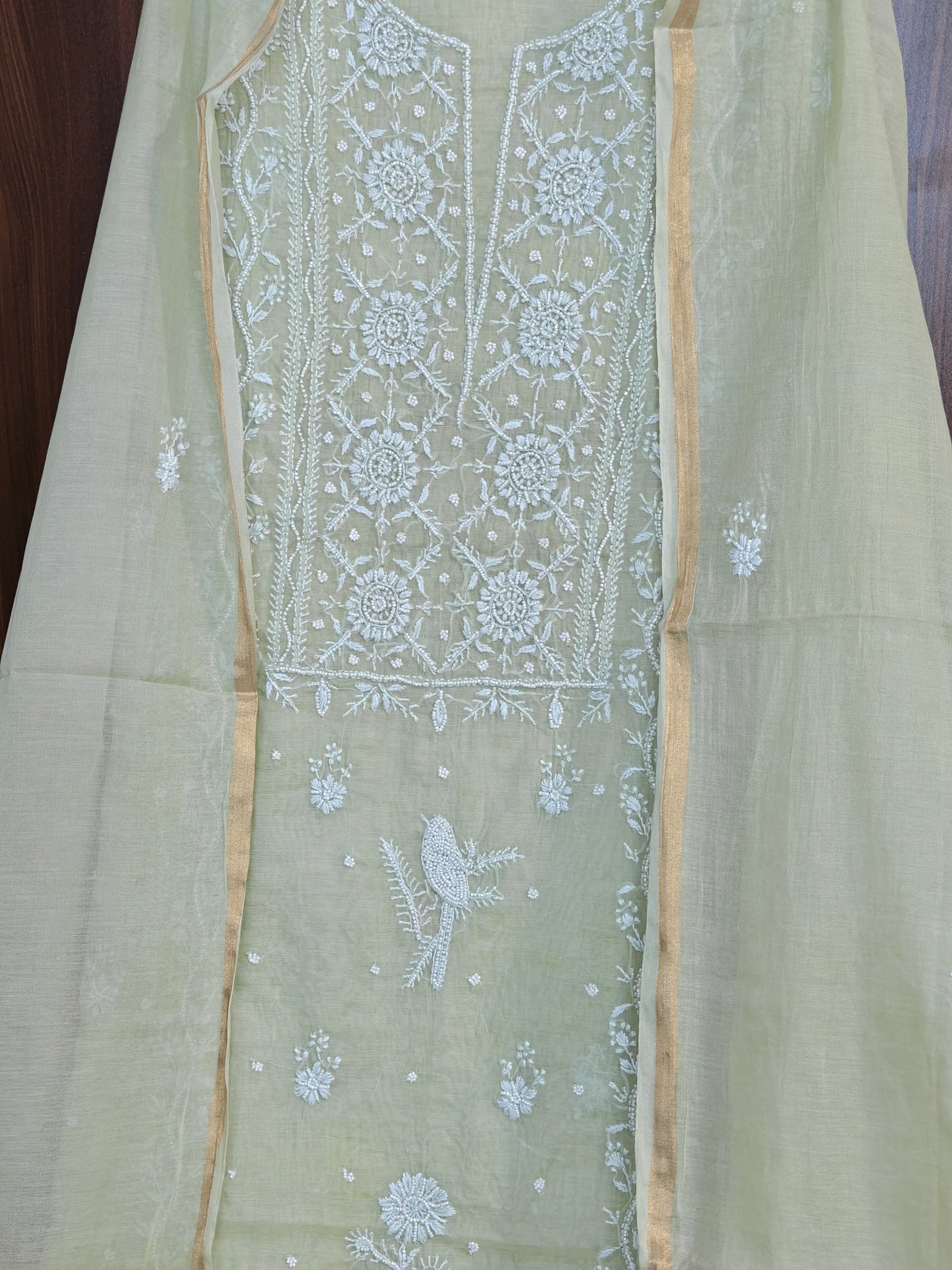 Unstitched Sage Green Mul Chanderi Suit Piece with Dupatta