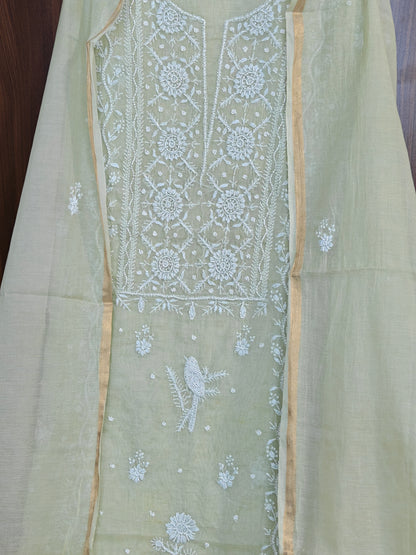 Unstitched Sage Green Mul Chanderi Suit Piece with Dupatta