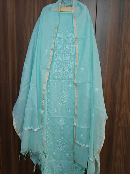Unstitched Aqua Marine thread Mul Chanderi Suit Piece with Dupatta