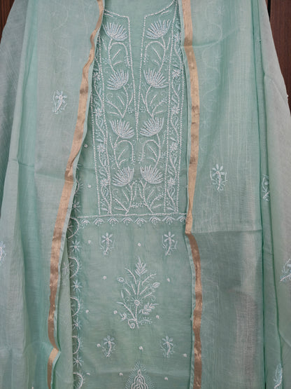 Unstitched Aqua Marine thread Mul Chanderi Suit Piece with Dupatta