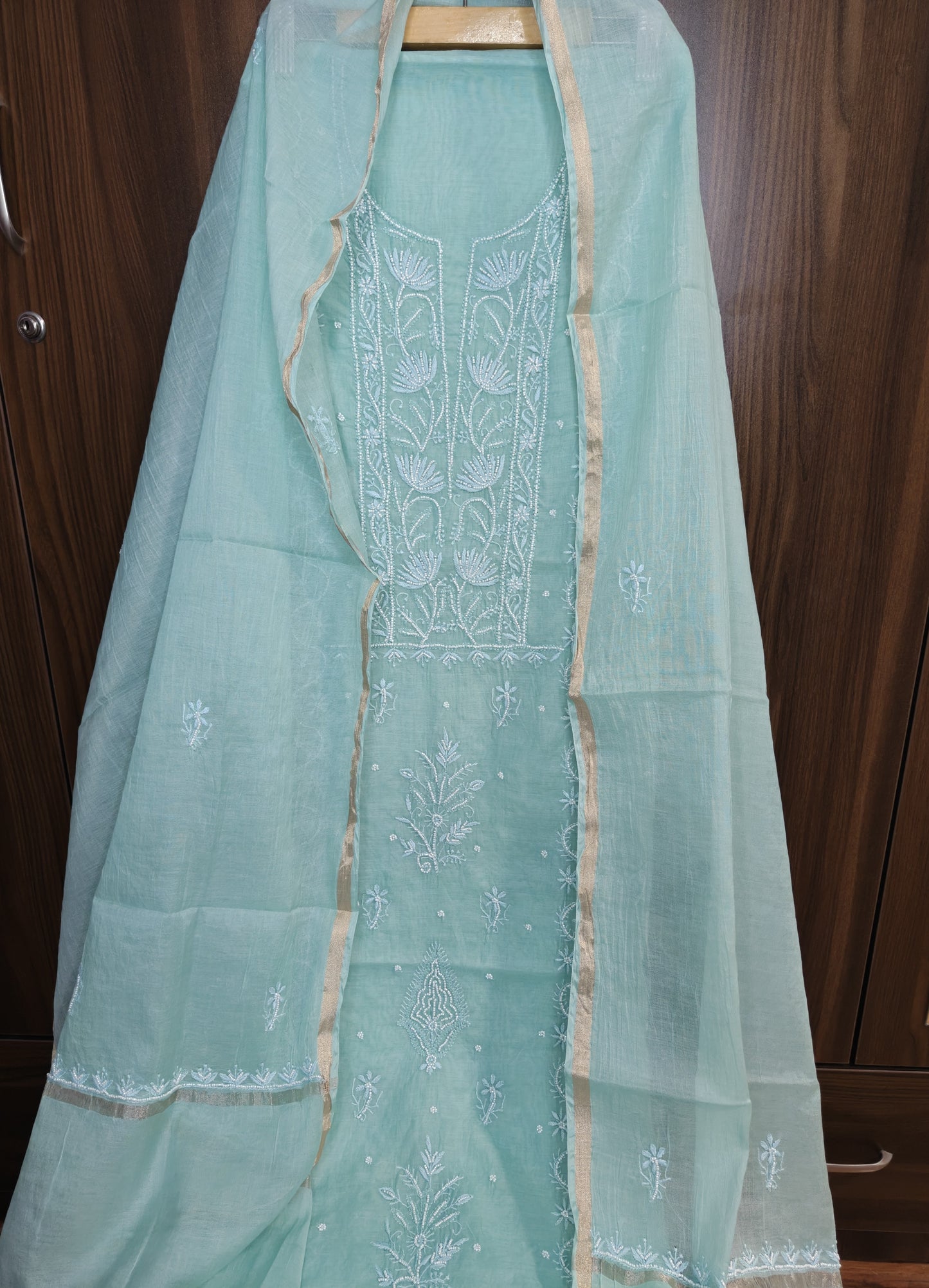 Unstitched Aqua Marine thread Mul Chanderi Suit Piece with Dupatta