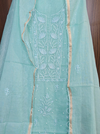 Unstitched Aqua Marine thread Mul Chanderi Suit Piece with Dupatta
