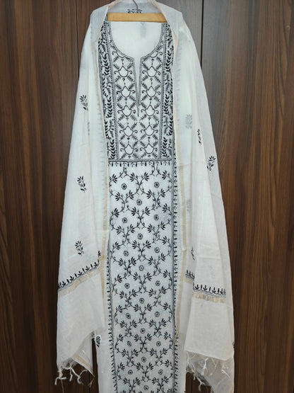 Unstitched White with black thread Mul Chanderi Suit Piece with Dupatta