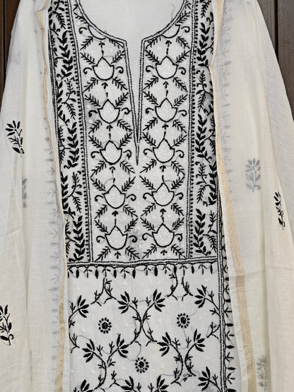 Unstitched White with black thread Mul Chanderi Suit Piece with Dupatta