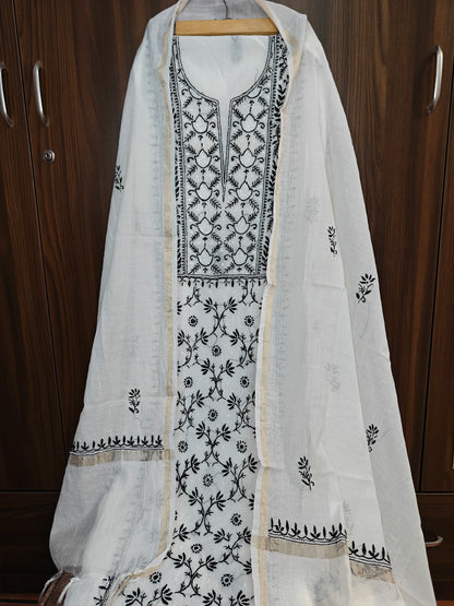 Unstitched White with black thread Mul Chanderi Suit Piece with Dupatta