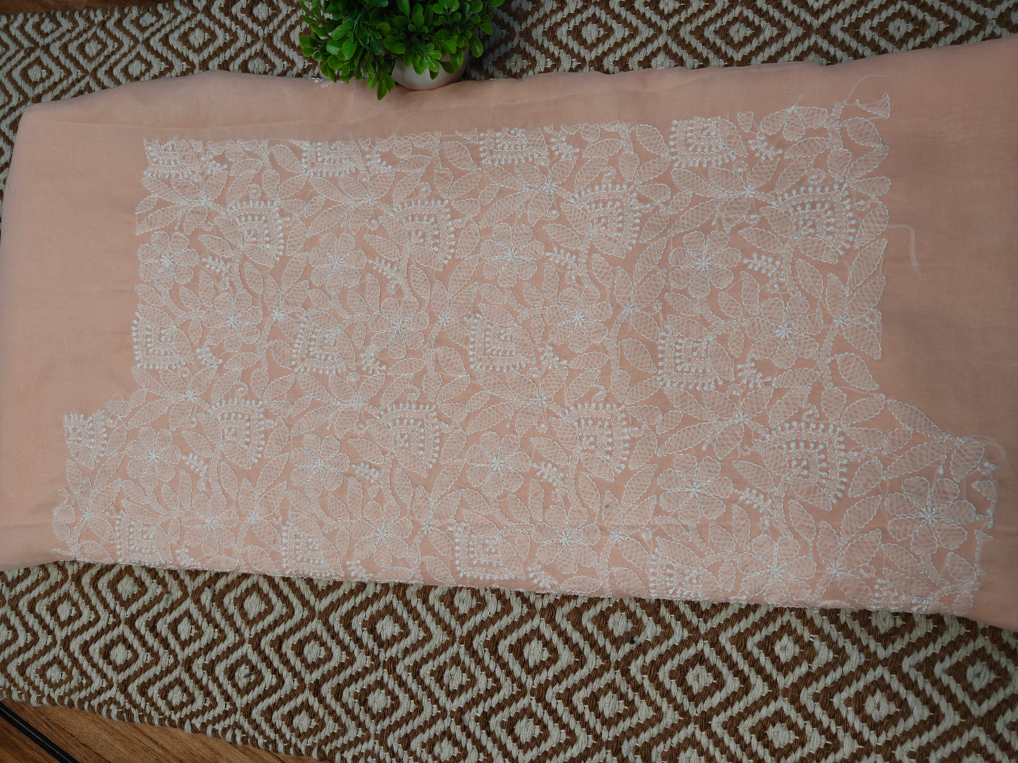 Peach Terivoil Cotton Hand-Embroidered Chikankari Unstitched Suit Set | Varnika Exclusive Chikan