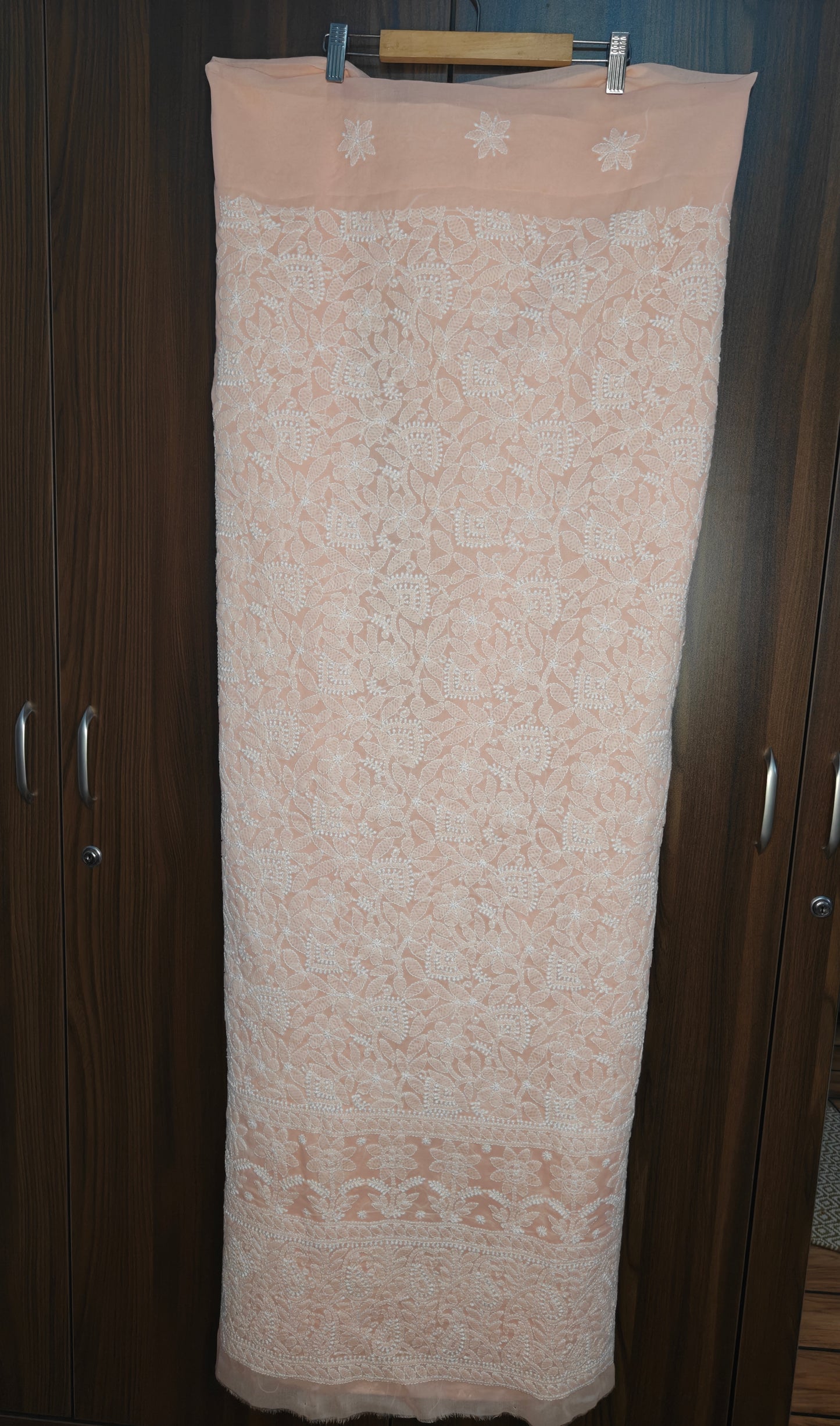 Peach Terivoil Cotton Hand-Embroidered Chikankari Unstitched Suit Set | Varnika Exclusive Chikan