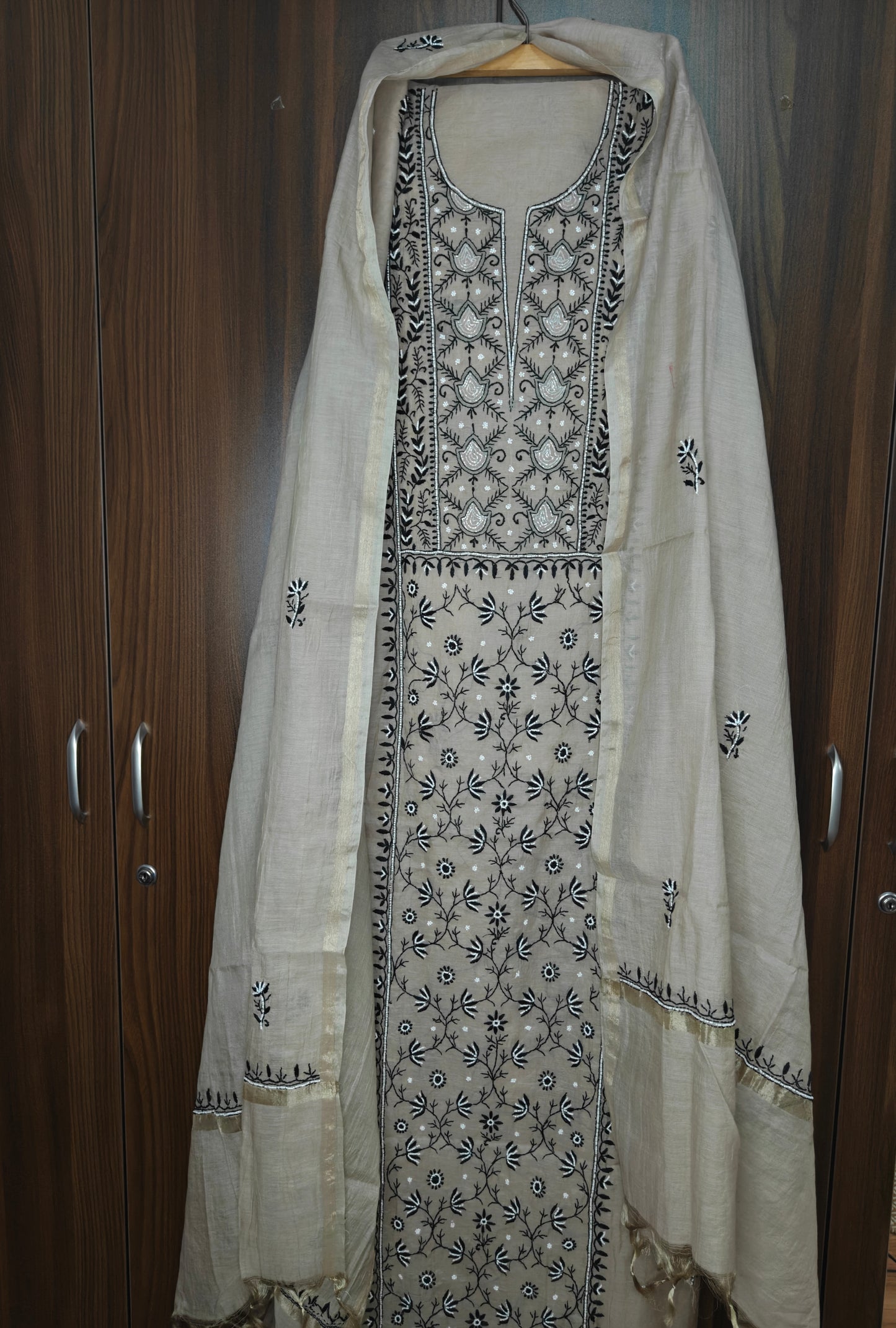 Unstitched Beige Mul Chanderi Suit Piece with Dupatta