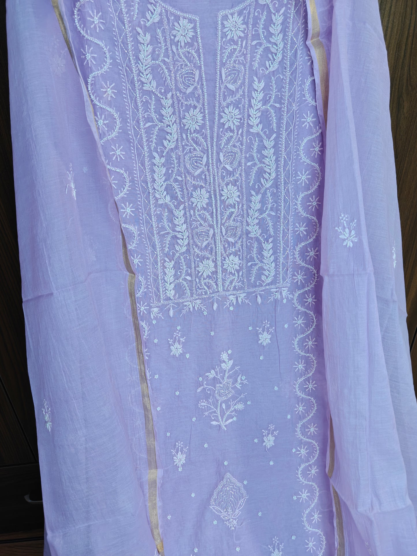 Unstitched Lavender thread Mul Chanderi Suit Piece with Dupatta