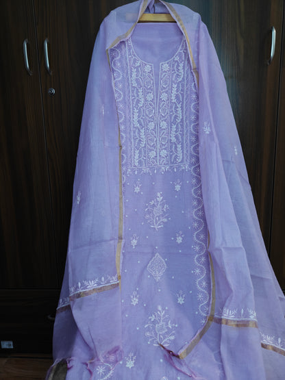 Unstitched Lavender thread Mul Chanderi Suit Piece with Dupatta