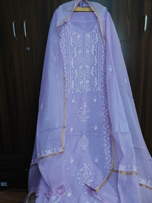 Unstitched Lavender thread Mul Chanderi Suit Piece with Dupatta