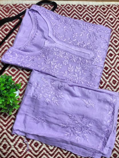 Lavender Masleen Kurta Set with Palazzo | Handcrafted Chikankari Kurti & Palazzo Set | Varnika Exclusive Chikan