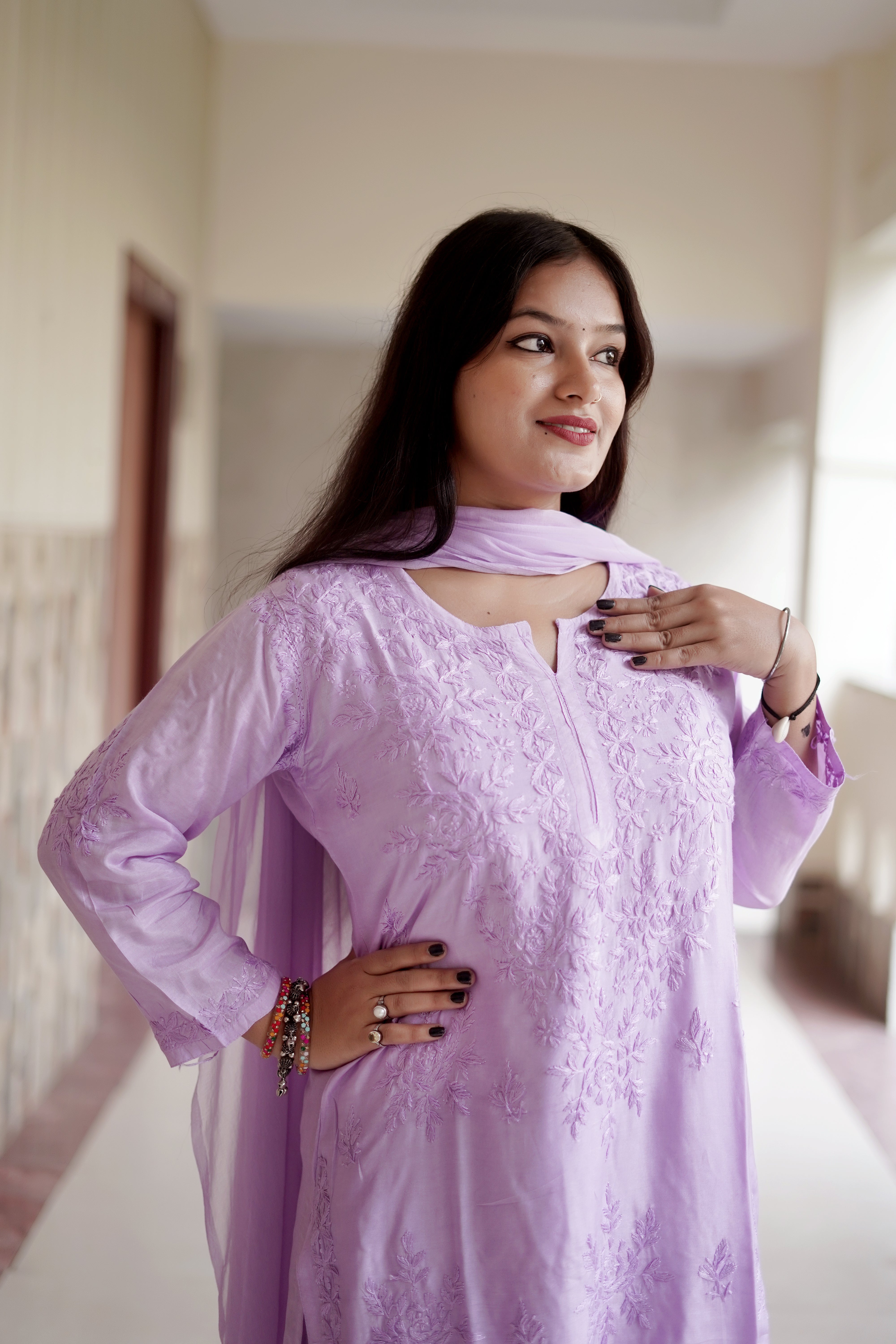 Lavender Masleen Kurta Set with Palazzo | Handcrafted Chikankari Kurti & Palazzo Set | Varnika Exclusive Chikan